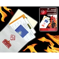 Feuerfeste Dokumententasche mit verschiedenen Dokumenten und Reisepass darin. Verpackung zeigt Produktnutzung und Schutz vor Feuer.
